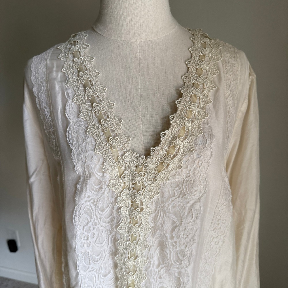 Anthropologie Beyond Vintage Cream Cotton Silk Lace Blouse Women's Large - Picture 2 of 10